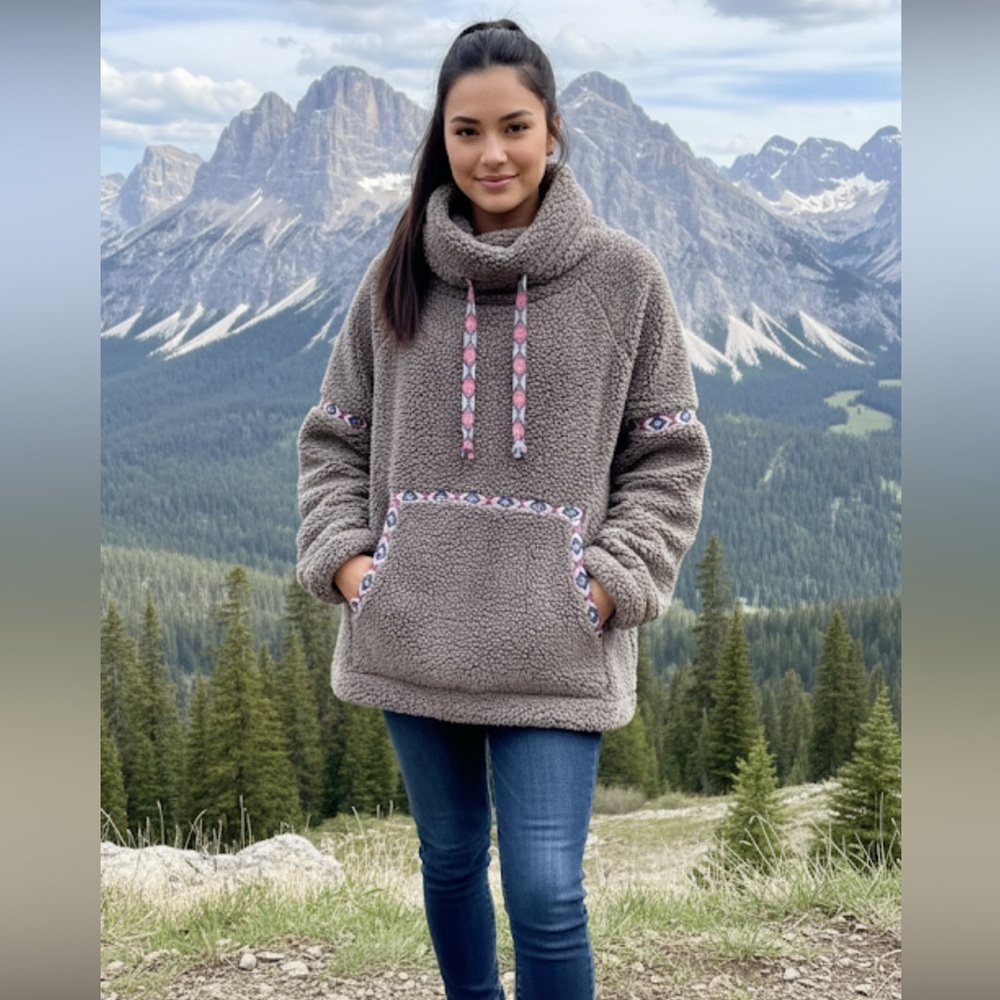 SUNDANCE Gray Sherpa Fleece Pullover w/Kangaroo Pocket Size LP Snuggly Gorpcore